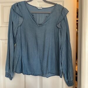 Mine Light Blue V-Neck Blouse with Ruffle Detail